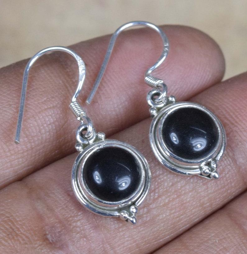 

Solid 925 Sterling Silver Black Onyx Round gemstone Drop Earrings Women Gift Earrings