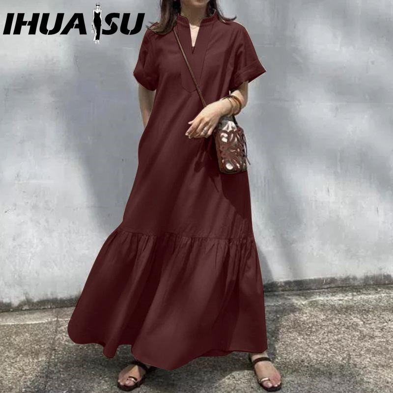 

ИГУАСУ S-5XL Летнее повседневное однотонное женское длинное платье с V-образным вырезом и короткими рукавами XXXL бордовый