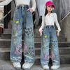 Stylische Graffiti Wide-Leg Denim Jeans für Mädchen - Frühling & Herbst Streetstyle Loose Fit für große & mittlere Kinder