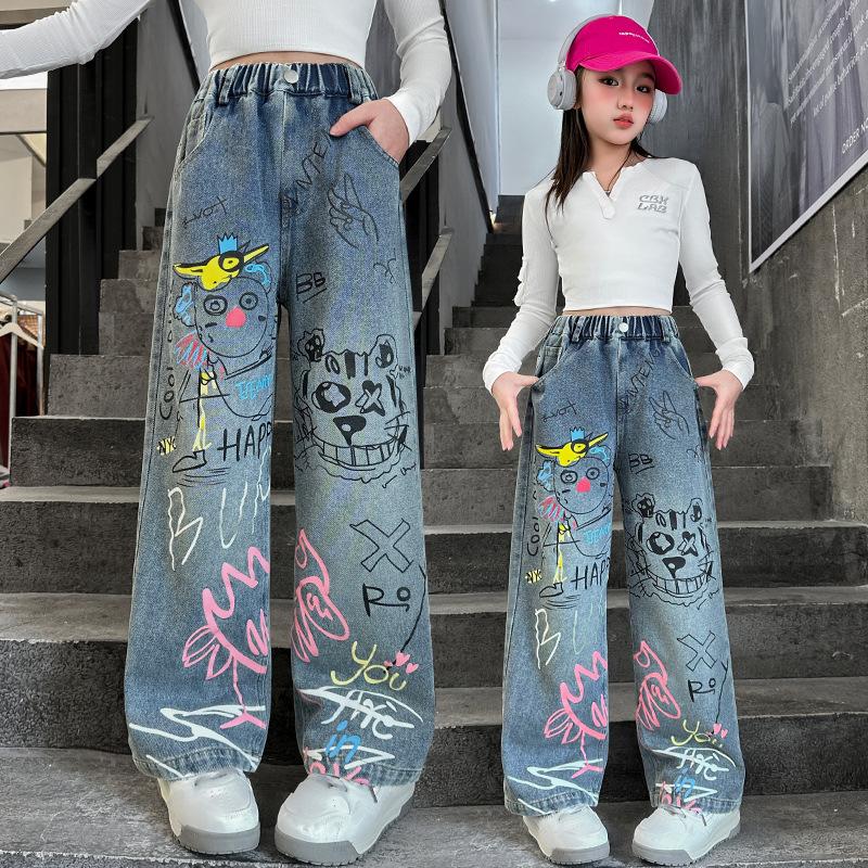 Stylische Graffiti Wide-Leg Denim Jeans für Mädchen - Frühling & Herbst Streetstyle Loose Fit für große & mittlere Kinder