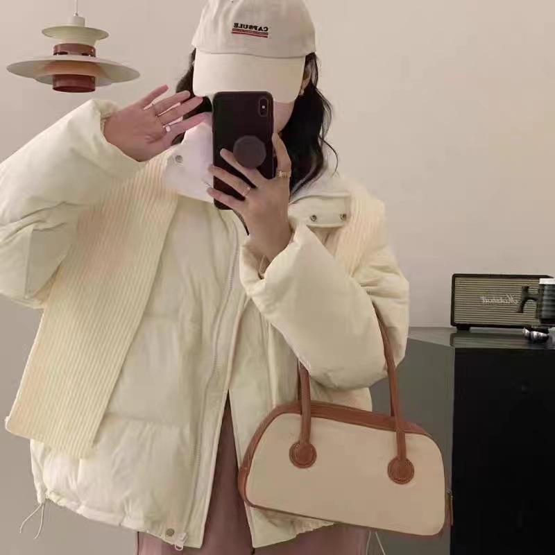 

2025 winter new shawl down cotton jacket women s cropped stand-up collar thickened solid color bread jacket XL