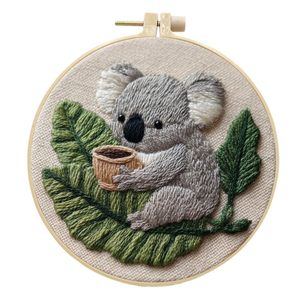 1 Stück Koala und Grünes Pflanzenmuster DIY Stickset für Anfänger