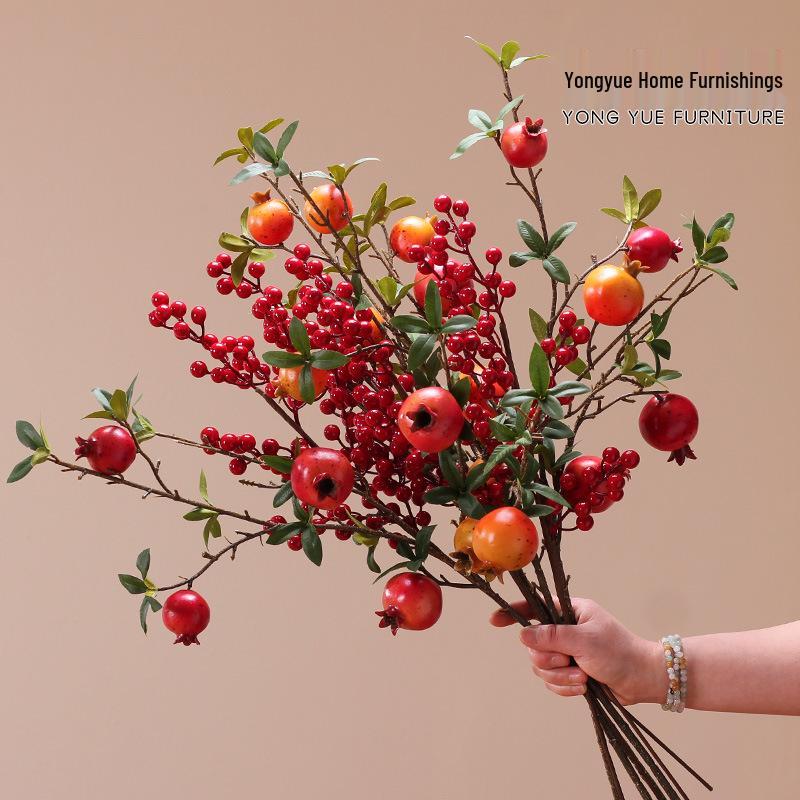 Artificial Pomegranate and Persimmon Fruit Flower Branch for Living Room or Entryway Decor