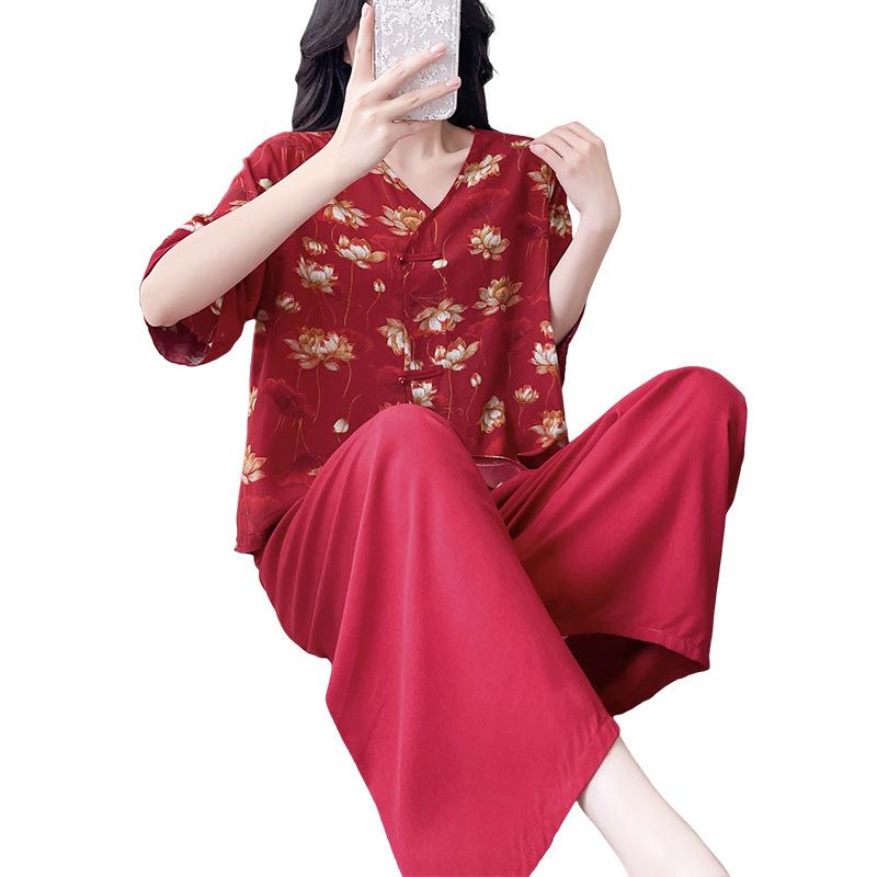 New cotton and silk pajamas women's spring and summer printing retro new Chinese style national style can be worn outside loungewear cotton silk suit