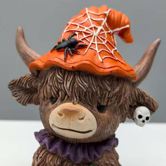 1/2Pcs Halloween Highland Cow Figurine Pumpkin Skull Highland Cattle Statue