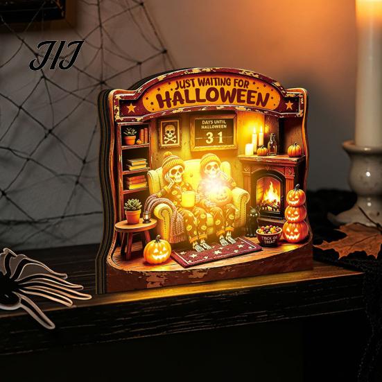 LED Halloween Scenes Vintage Glowing Wooden Tabletop Decor, Light Up 3D Scene Display Spooky Desktop Ornaments for Party, Festive Home Ornament Tiered