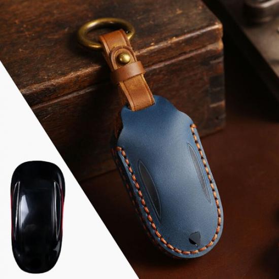 Genuine Leather Car Remote Key Fob Case Cover Shell Holder For Tesla Model X