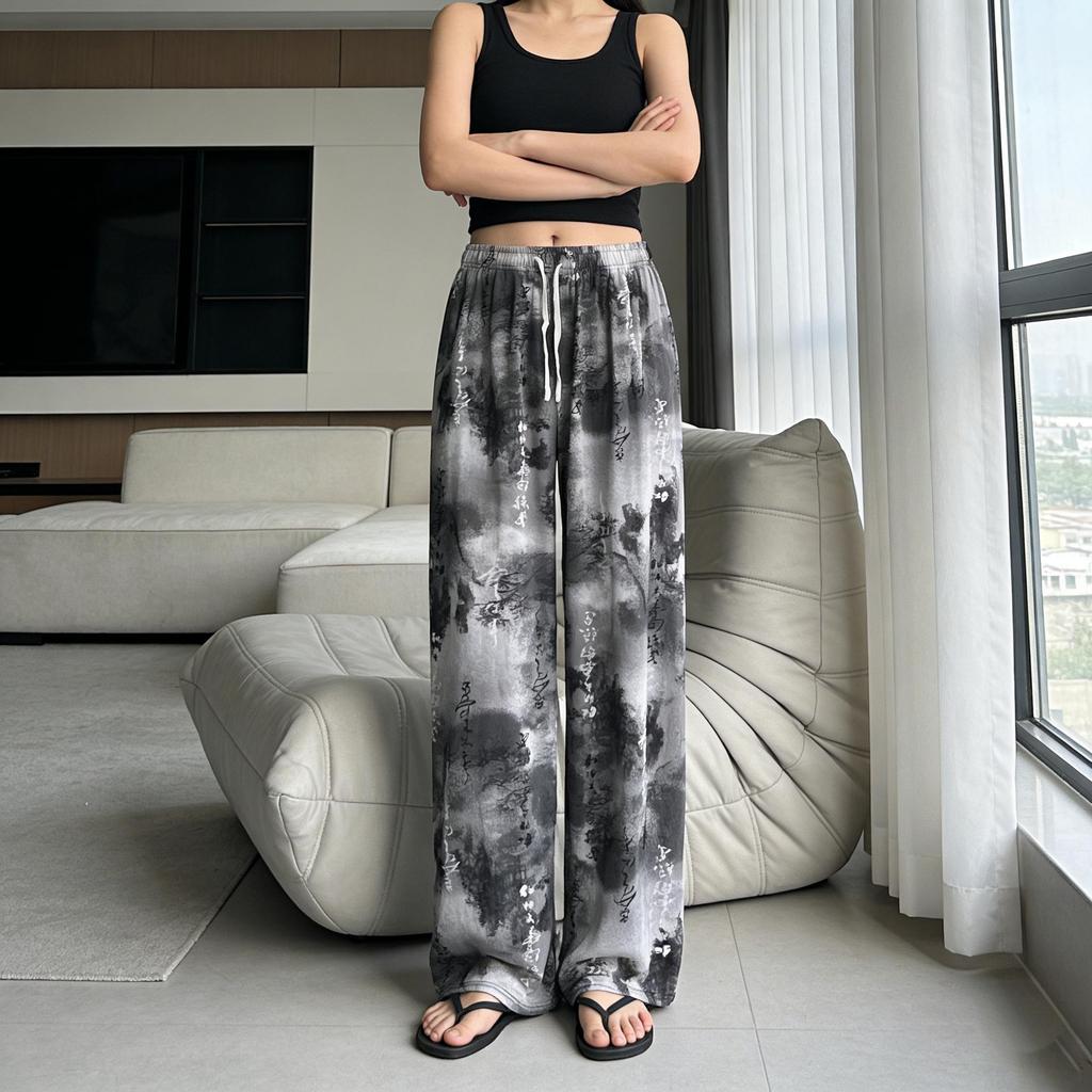 Black & White Striped Wide-Leg High-Waist Summer Pants for Women - Ink Painting Style, Slim Fit, Loose Draped Ice Silk Casual Trousers.