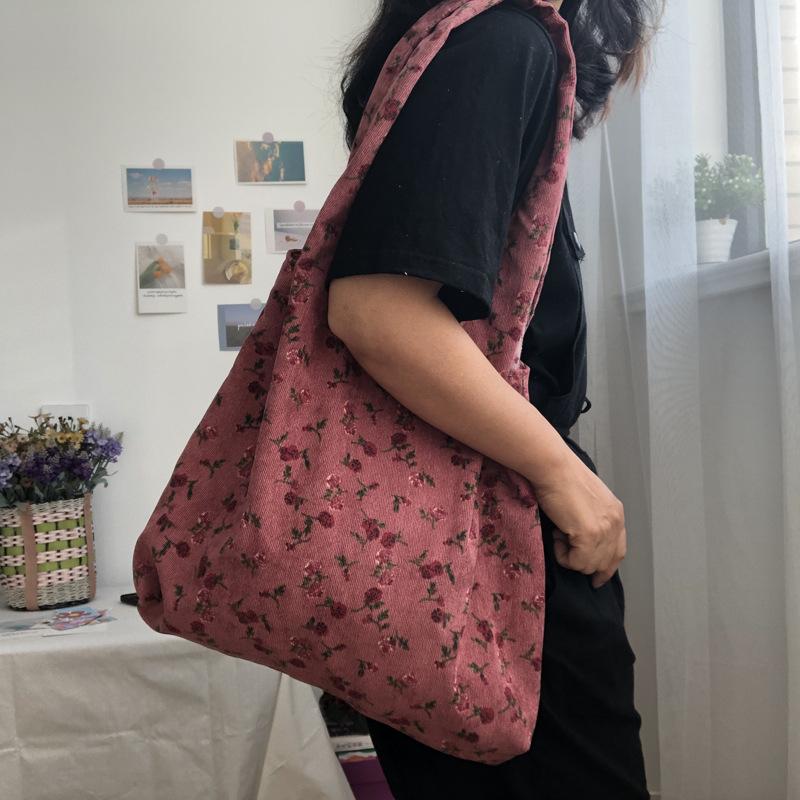 Winter Fashi Pink Rose Ladies Shoulder Bag Retro Corduroy Women Shopping Bags Student Girls Thin Cloth Handbags Travel Tote