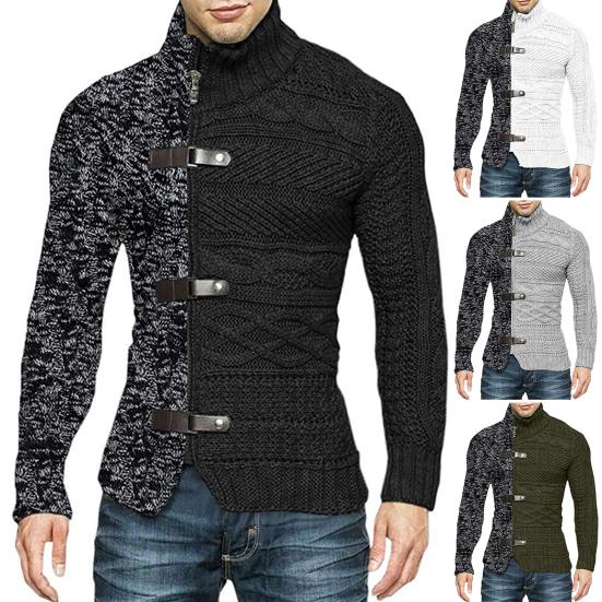 Pánský zimní svetr kabát barevně sladěný asymetrický dlouhý rukáv vysoký límec slim fit teplý pletený ochrana krku podzimní svetr do kanceláře