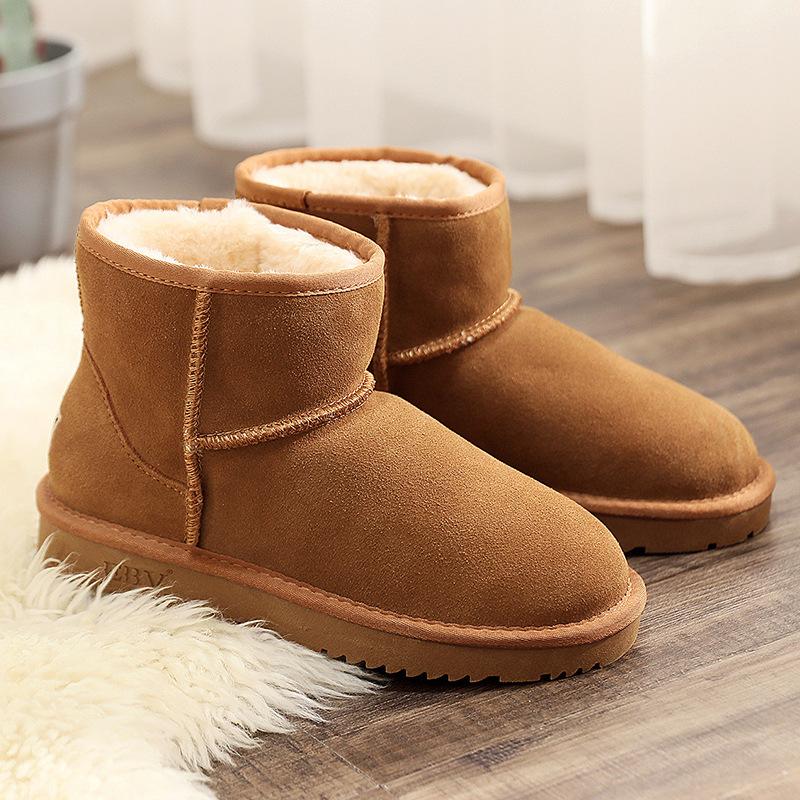 EBV cowhide snow boots women's short boots and short boots fur integrated versatile women's cotton shoes leather boots piled and thickened