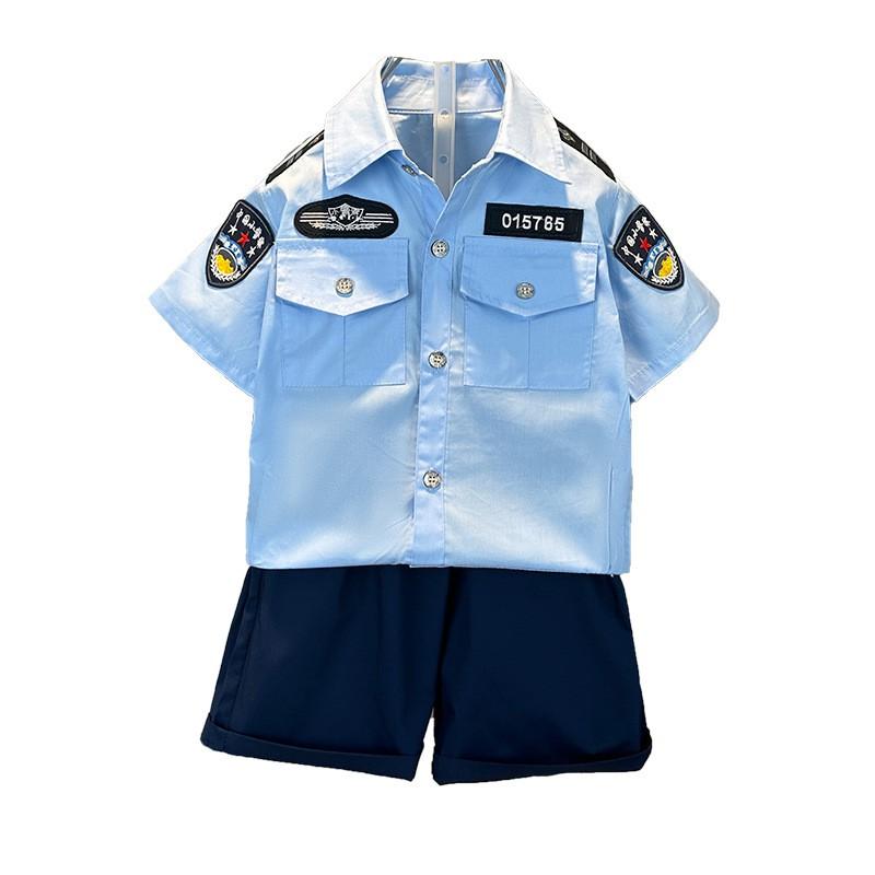 Erkek Çocuk Polis Kostümü Seti Kısa Kollu Pamuklu İki Parça Kıyafet Çocuk Parti Gösterisi