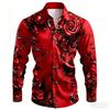 2026 New Men's Shirt with Black Background and Red Rose Print, Slim Fit and No Iron Business Casual Shirt, Versatile Top