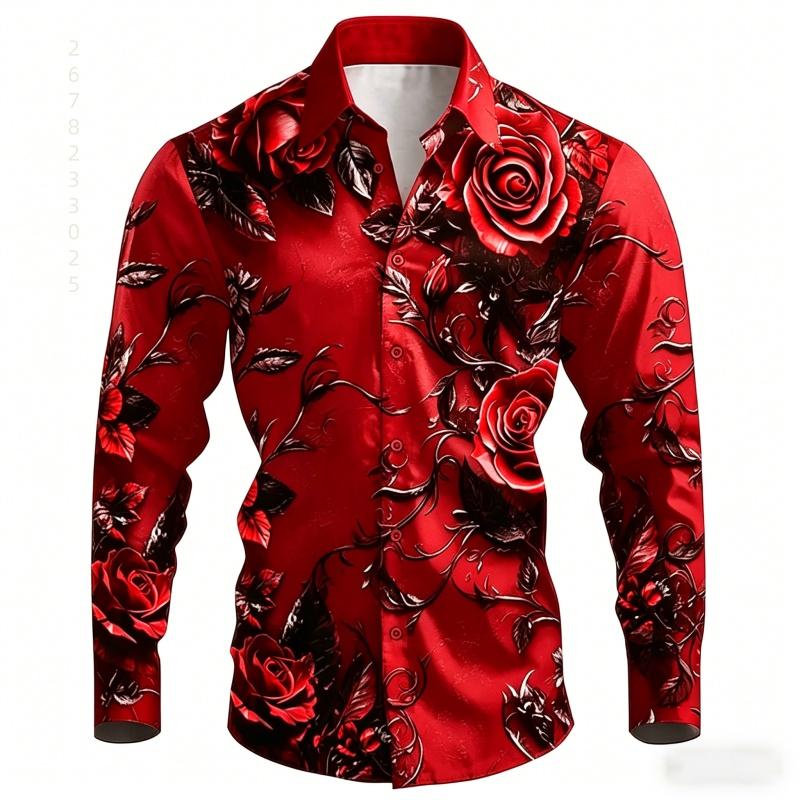 2026 New Men's Shirt with Black Background and Red Rose Print, Slim Fit and No Iron Business Casual Shirt, Versatile Top
