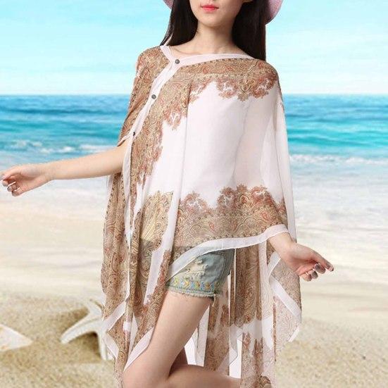Women Beach Shawl Sun Protection Printing Sunscreen Anti-UV Vintage Beachwear Chiffon Soft Buttons Summer Scarf Clothes Accessories