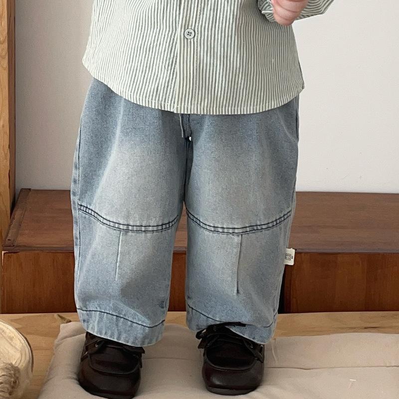 Temperament Baby Autumn Suit Baby Foreign Striped Stand-Up Collar Shirt Loose Straight Jeans Children'S Clothing