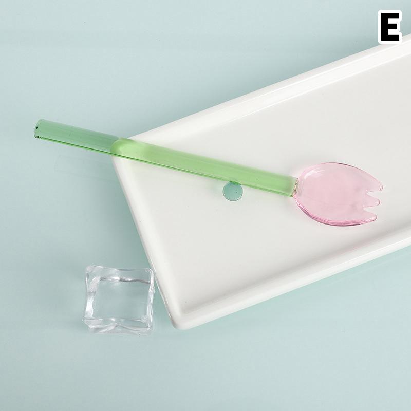 Long Handle Glass Spoon Creative Transparent Glass Dessert Spoon Flower Shaped Colored Coffee Stirring Spoon Stick Bar