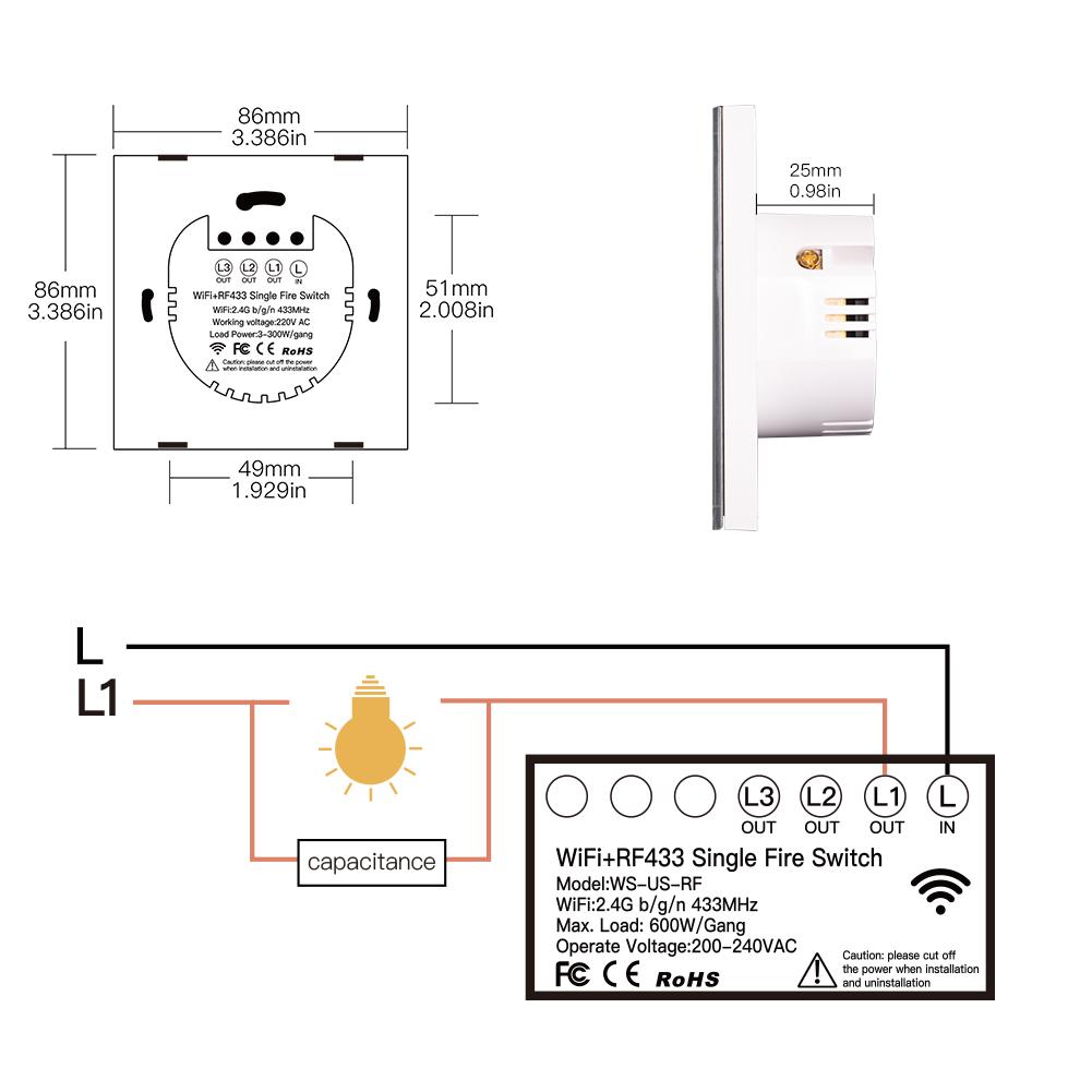 Moes WiFi RF433 Wall Touch Switch No Neutral Wire Needed Wireless Smart Life/Tuya App Relay Status and Backlight Switch