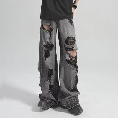 Herren Schwarze Retro Gewaschene Weitbeinige Zerrissene Jeans