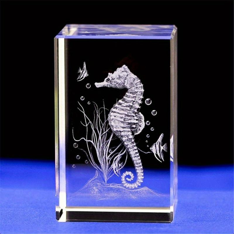 Crystal Glass Seahorse Statue Model3D Laser Etched Crystal Seahorse Figurine Art Animal Crystal Glass Cube Engraving Seahorse Ornaments Gifts