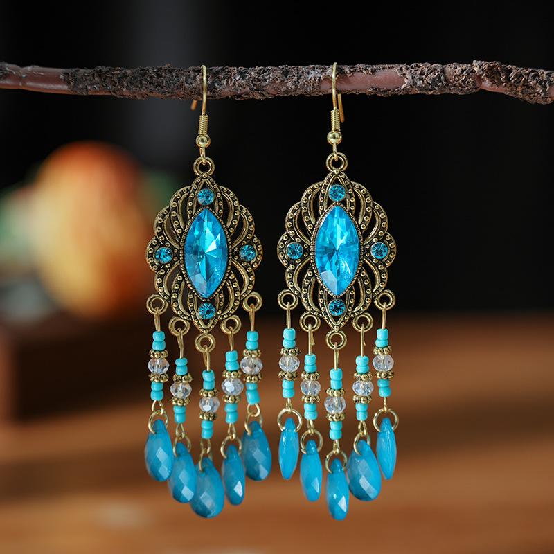 

Vintage Bohemian Long Drop Dangle Earrings For Women Geometric Beads Handmade Tassel Crystal Ethnic Boho Wedding Earings Zircon синій