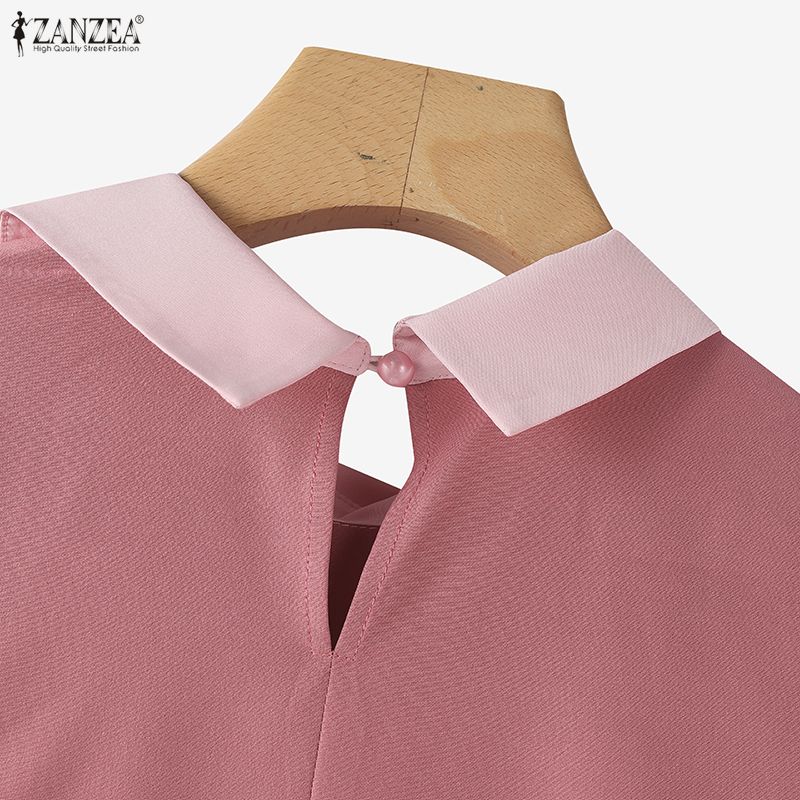 ZANZEA Bluză casual de damă cu guler păpușă, mâneci 3/4 largi, patchwork