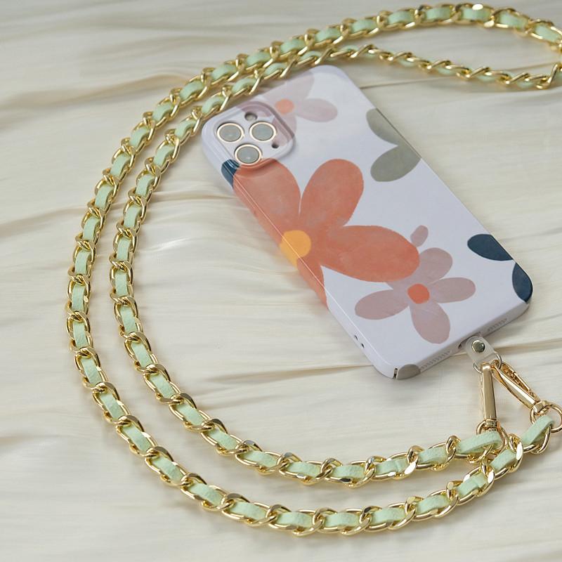 New Phone Accessory Long Cellphone Chain Anti Lost Universal Metal Leather Shoulder Neck Crossbody Phone Strap Case Holder Chain