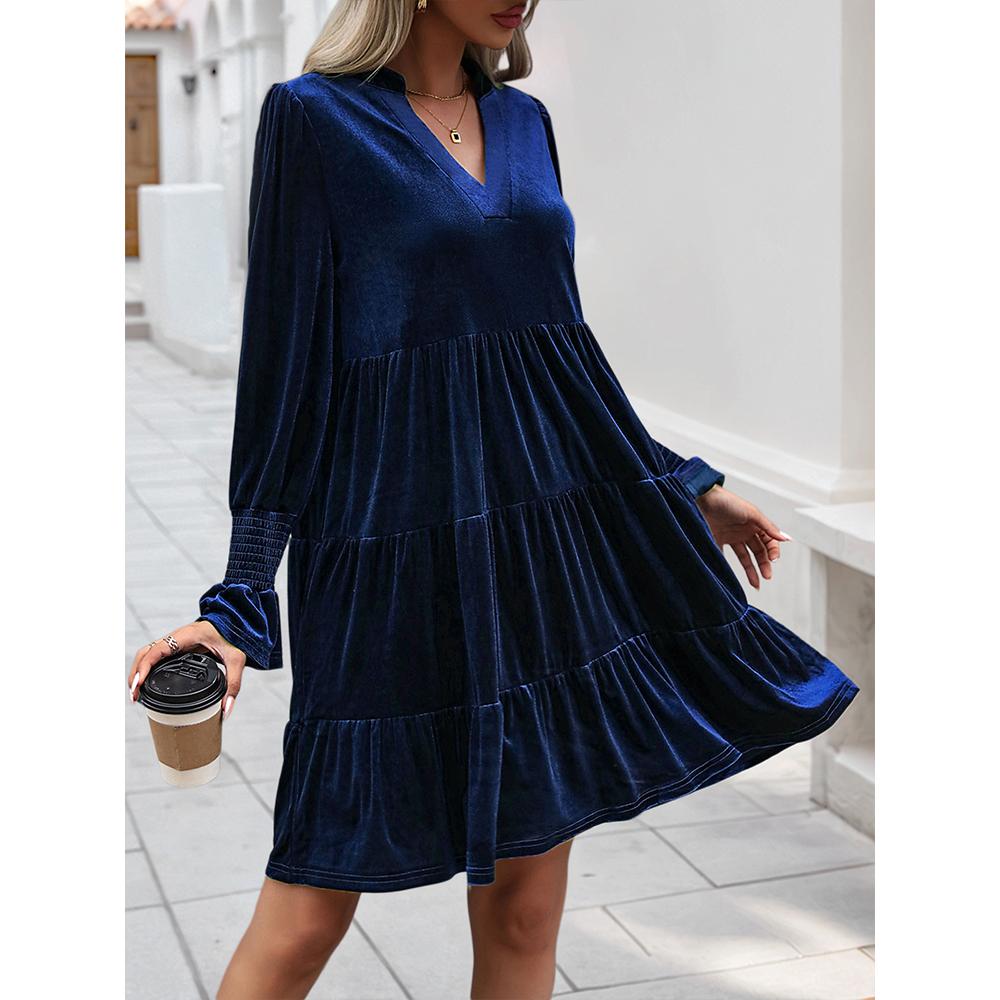 Women's Casual V Neck Long Sleeve Velvet Dress Fall Babydoll Dress Flowy Cocktail Wedding Party Shift Dresses