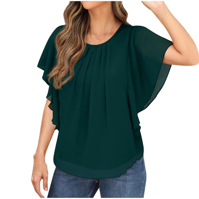 Summer Loose Short Sleeve Casual Chiffon Blouse Women Fashion Tops Solid Color Pleated Simple Elegant Office O Neck Shirts Ladies Clothes