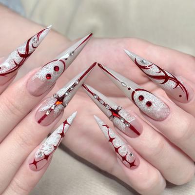 Press On Nails Long Stiletto Fake Nails with Rhinestones Tips Almond False Nails Full Cover Acrylic Glue On Nails Reusable Stick On Nails for Women