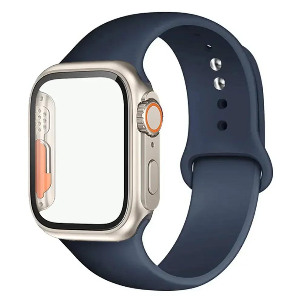 Silicone Strap+Case For Apple Watch Band 44mm 45mm 41mm 40mm Tempered Glass Cover Change to Ultra iWatch Series 9 8 7 SE 6 5 3
