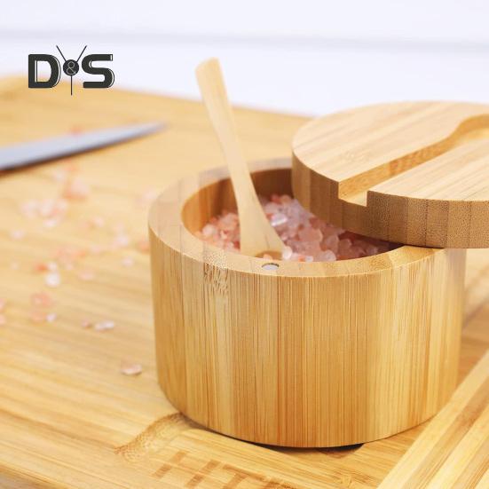 Бамбуковий сільничний льох із магнітною кришкою, що обертається, круглий сільничний ящик для зберігання солі, перцю, цукру, трав, функціонального контейнера для зберігання спецій.