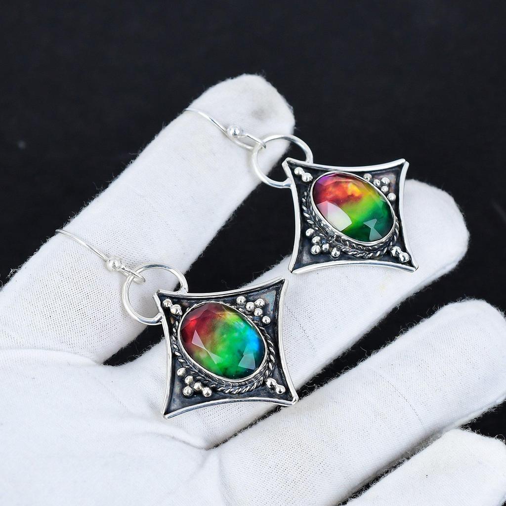 Natürlicher Ammolit Edelstein Antike Ohrringe 925 Sterling Silber Ohrring, Boho Silberschmuck Hängeohrringe, Geschenke zum Geburtstag Geschenke für sie