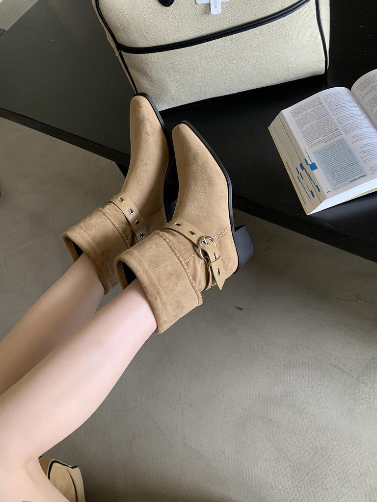 Wide tube stack boots pointed western cowboy boots 2025 autumn and winter new boots women's thick heel belt buckle medium boots