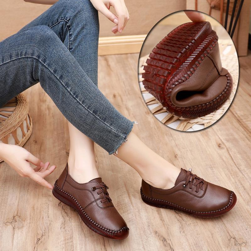 Mode Damen Echte Lederschuhe Frühling Damen Lässige Keilschuhe Schwarz Mama Las Bequem Klassisch Freizeit Loafer Schuh Ballerina Shdieoes