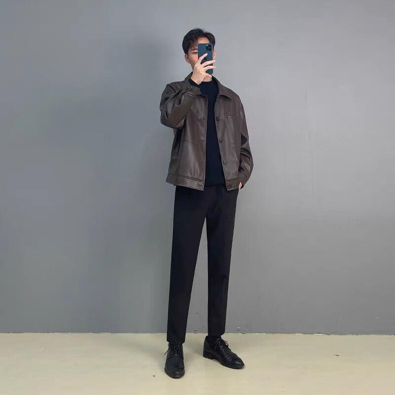 Men's Retro PU Leather Motorcycle Jacket - Korean Style Lapel, Casual Loose Fit for Spring and Autumn