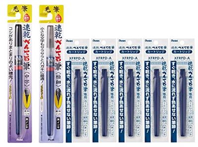 Pentel Brush Extra Fine and Medium 1 Pen Plus 5 Replacement Quick-Drying Pen, (XFPD5F) (XFPD5L), Each, Cartridges.