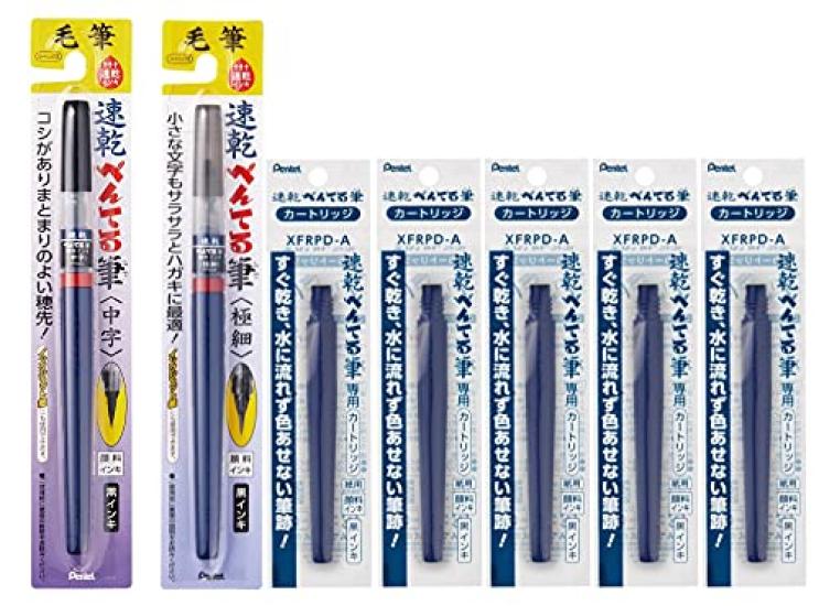 Pentel Brush Extra Fine XFPD5F and Medium 1 Pencil and 5 Cartridges Quick-Drying Pens, XFPD5L,