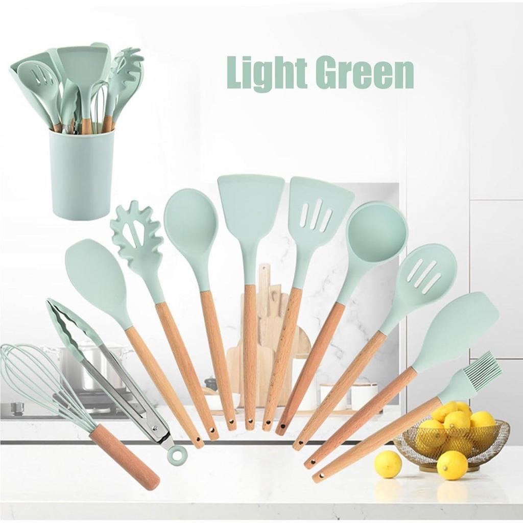 Cooking Utensils Kitchen Utensil Set, 12 PCS Wooden Handle Nontoxic BPA Free Silicone Spoon Spatula Turner Tongs Kitchen Gadgets Utensil Set