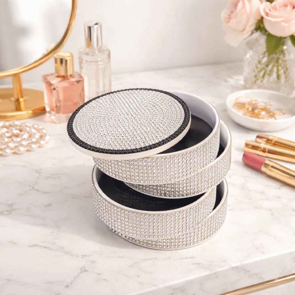 Sparkling Rotating Jewelry Storage Box Rotatable with Lid Earring Display Holder Decorative Dustproof Rhinestones Desk Organizer