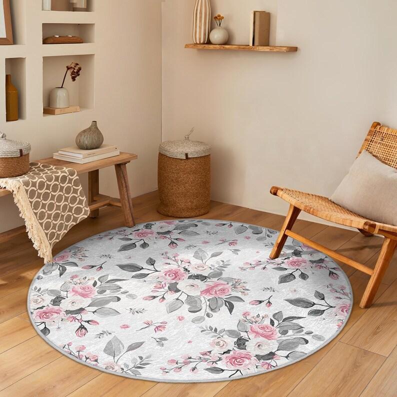 

Round Spring Floral Rug – Warm Non-Slip Floor Mat for Living Room Bedroom Bedside Home Decor Diameter 60cm