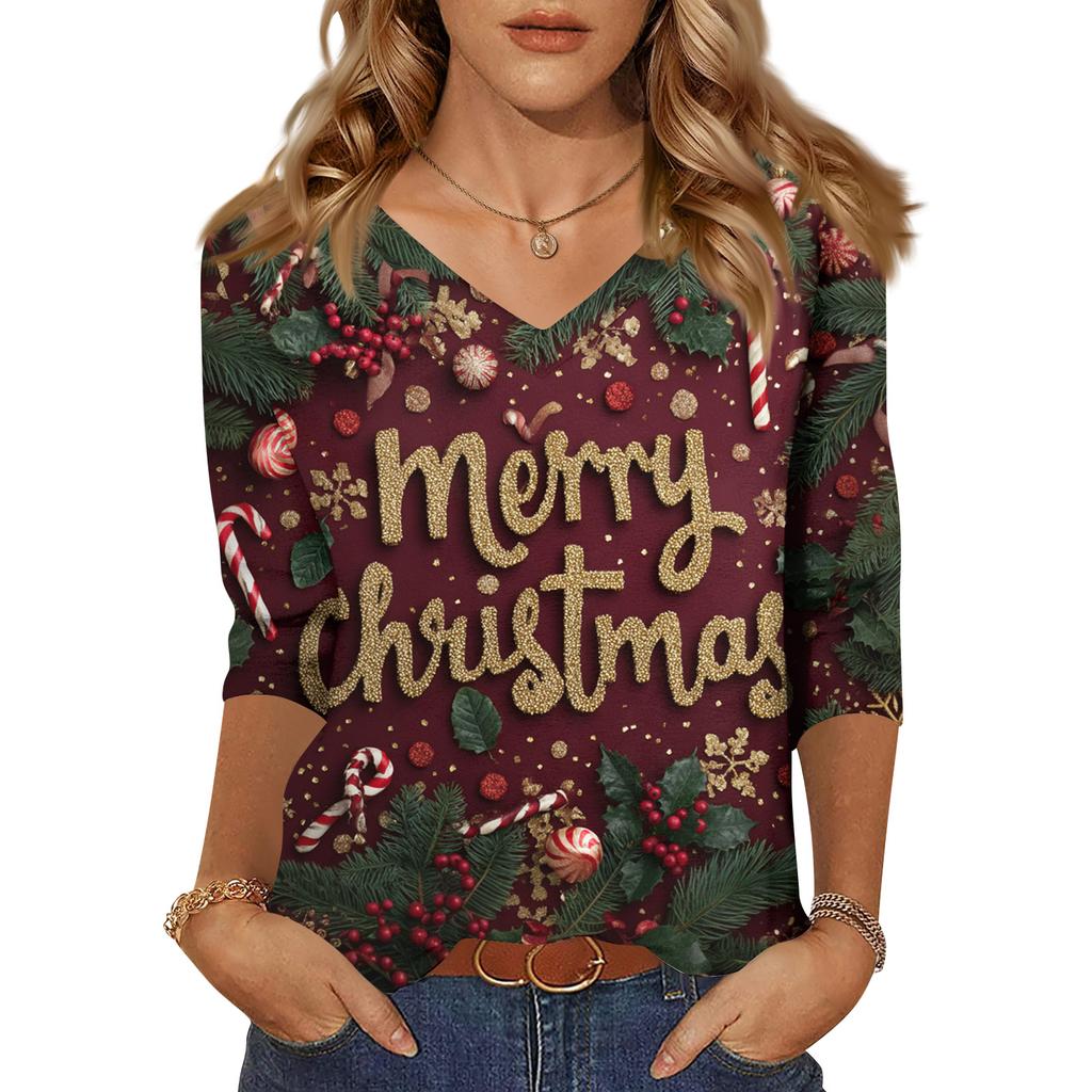 Women's Tops Three-quarter Sleeve Shirt V-neck Loose Casual Shirt Print T-shirt