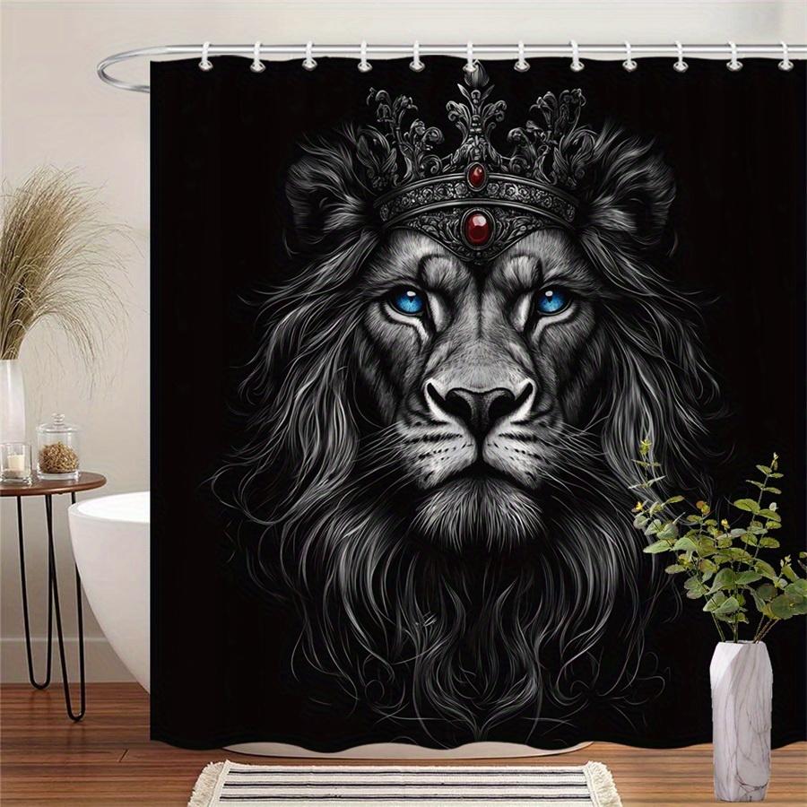 

1 Royal Lion Shower Curtain With Blue Eyes And Silver Crown - Ultra-Realistic Black Background, Dramatic Design Machine Washable W60H190(CM)-1 Pcs