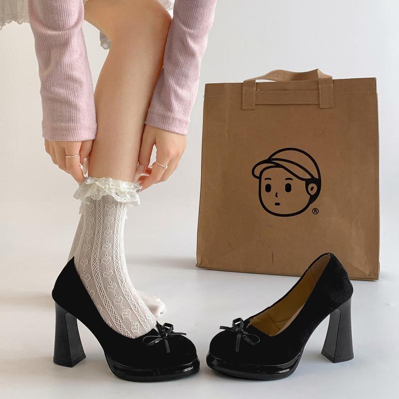 Retro Bow Women High Heels Mary Jane Shoes Fashion Shallow Slip on Pumps Concise Dress Thick Heel Ladies Lolita Shoes Footwear