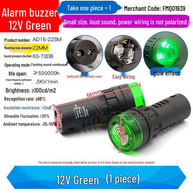 Buzzer with Intermittent Sound and LED Flashing Alarm AD16-22SM, Compatible with AC/DC 12V-220V