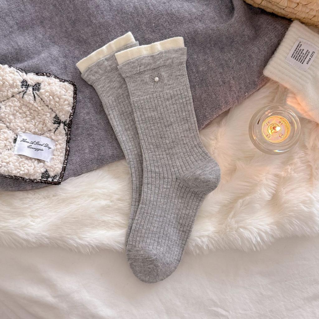 Cashmere Socks Women'S Korean Double Luo Mouth Contrasting Color Medium Tube Socks Pearl With Bow Embroidery Stacking Socks