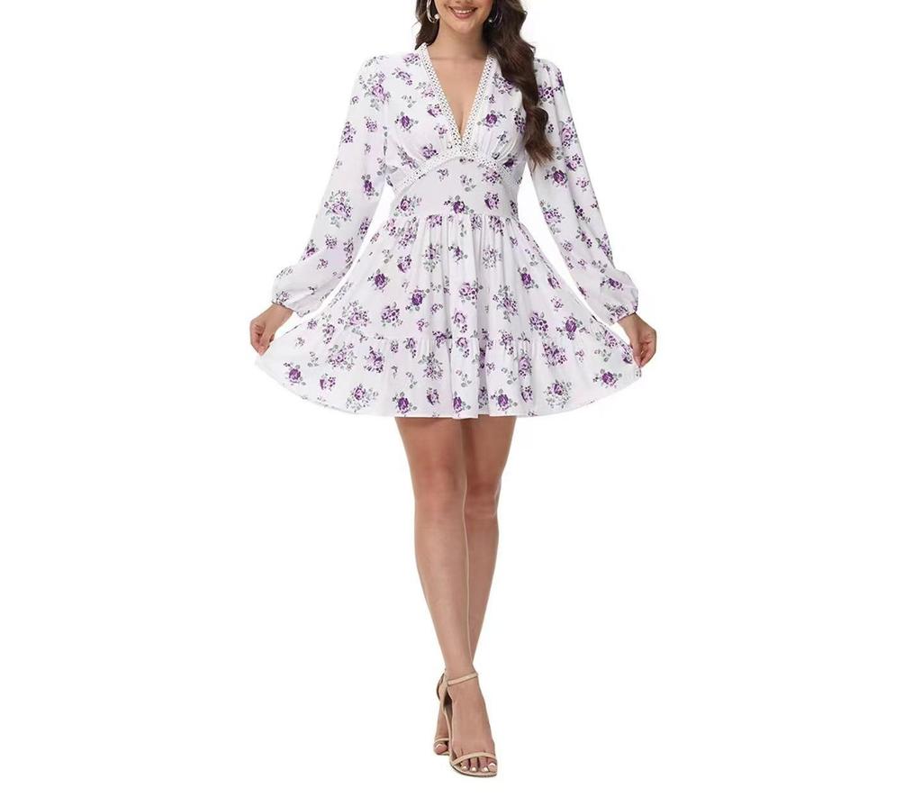 2025 Spring Sweet Print V-neck Lace Short Dress for Women