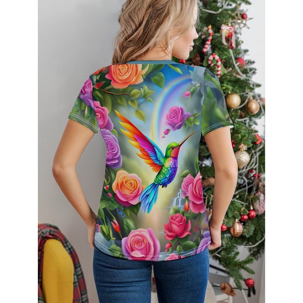 

Футболка с цветным принтом колибри, повседневный топ с круглым вырезом и короткими рукавами для весны и лета, женская одежда XL