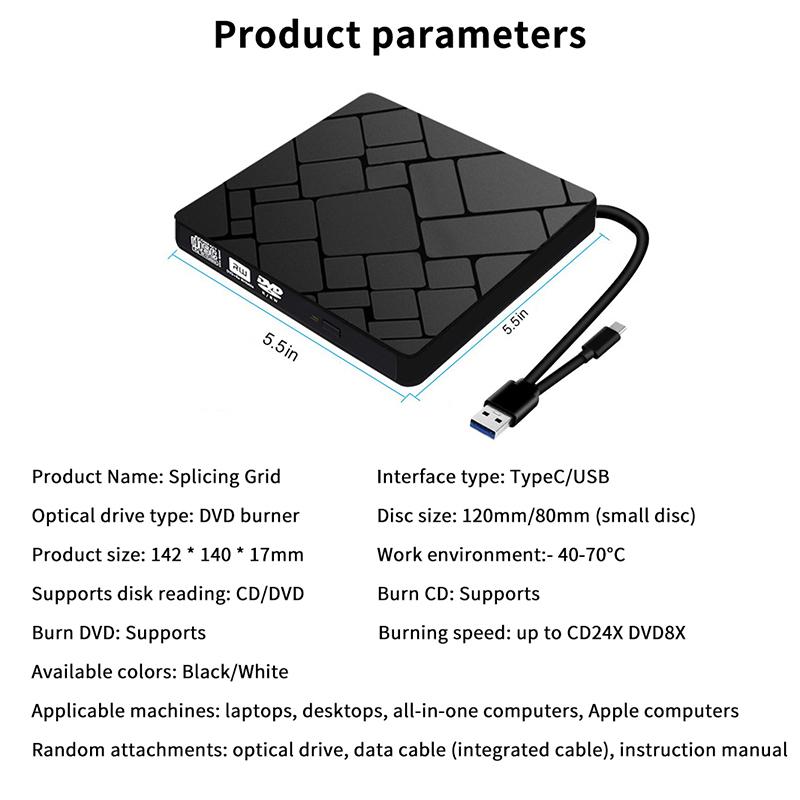 Typec+USB 3.0 Externes Blu-Ray-Laufwerk CD24X High-Speed-Laufwerk Werkzeuge Und Brennschreiber-Adapter DVD CD Extern Multifunktion A3Y9