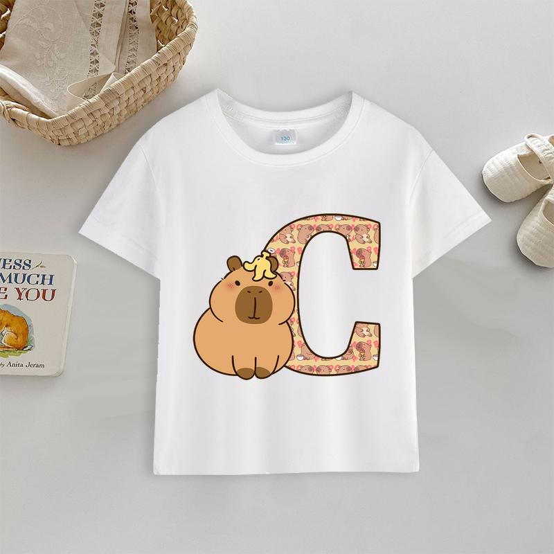 

Capybara T-shirt Letter A-Z Print Tops Cute Cartoon Anime Boys Girls Clothes Cotton Round Neck Toddler Short Sleeve Outdoor Wear 110